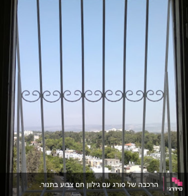 חלון עם סורגים מתכתיים ונוף ברקע